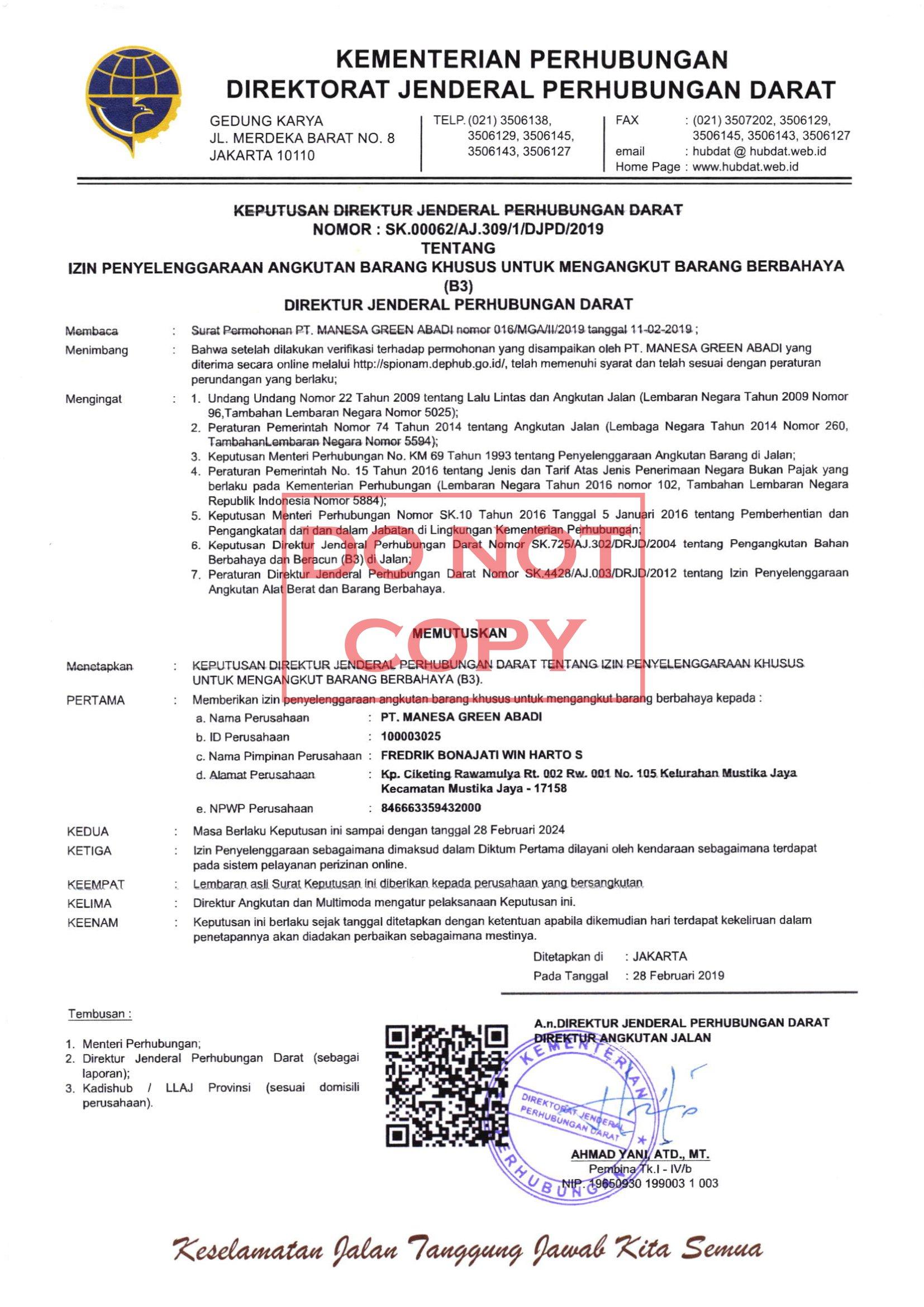 Ijin Pengangkutan Barang Berbahaya (B3) dari Kementerian Perhubungan